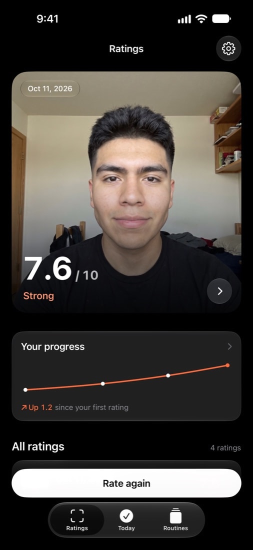 Hotness AI home screen with a 7.6 out of 10 rating