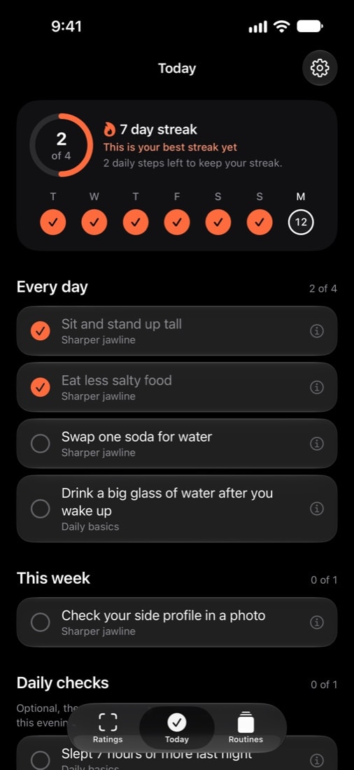 Hotness AI Today screen with a seven day streak and daily steps