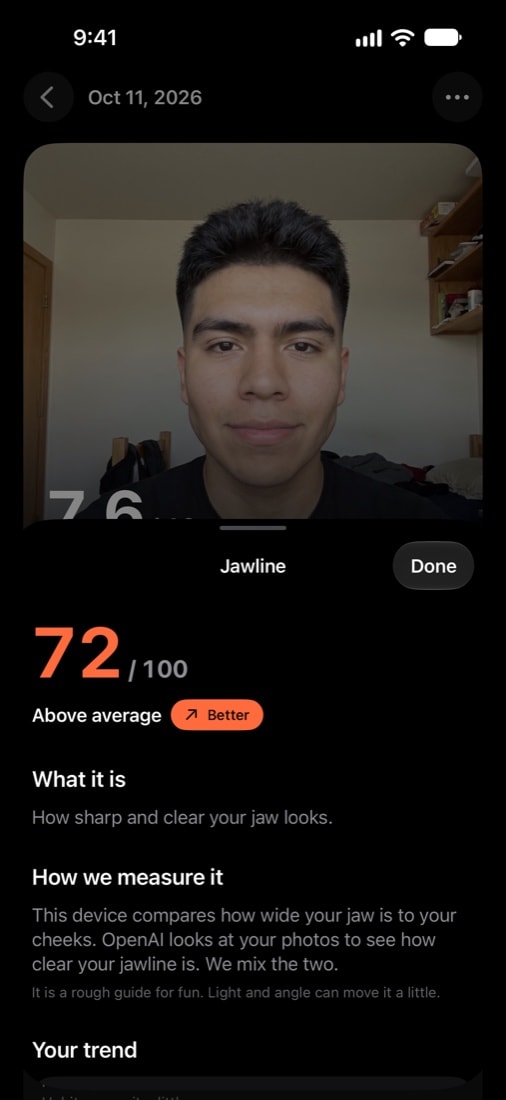 Hotness AI jawline stat, 72 out of 100, with what it is and how it is measured